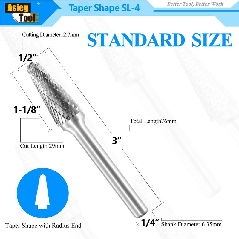 Asieg Tool SL-4 Tungsten Carbide Burr Rotary File Taper Shape with Radius End Double Cut with 1/4" Shank for Die Grinder Drill Bit - Image 2